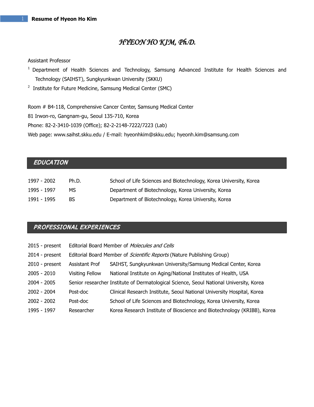 Resume of Hyeon Ho Kim