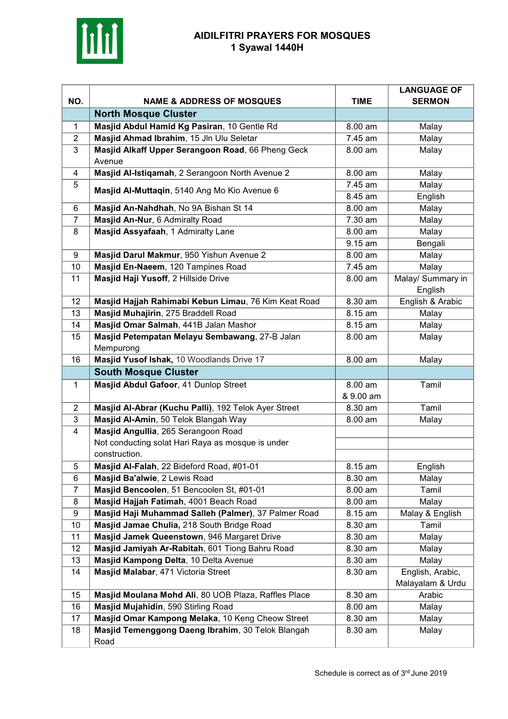 Aidilfitri Prayer Schedule 2019