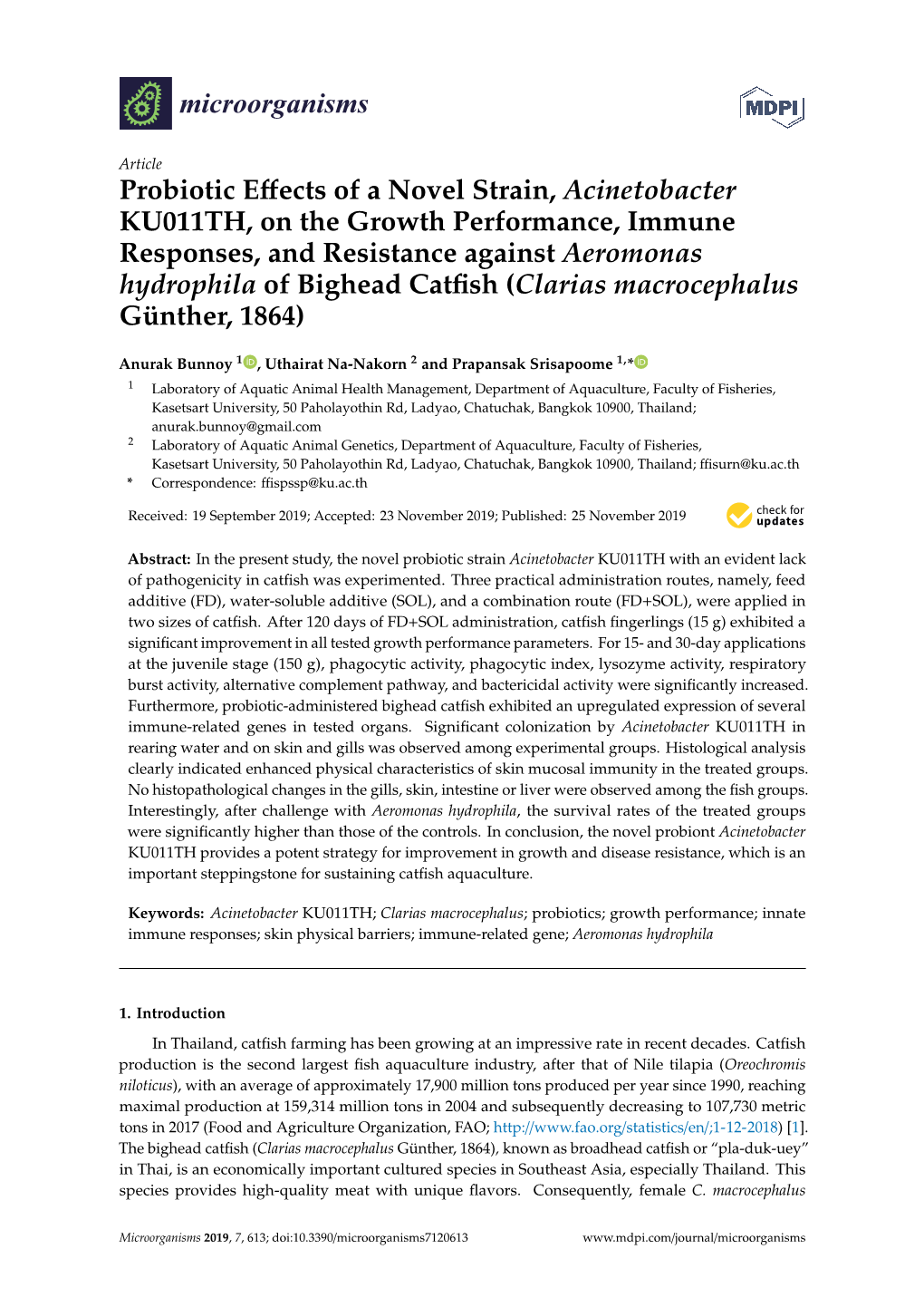 Probiotic Effects of a Novel Strain, Acinetobacter KU011TH, on The