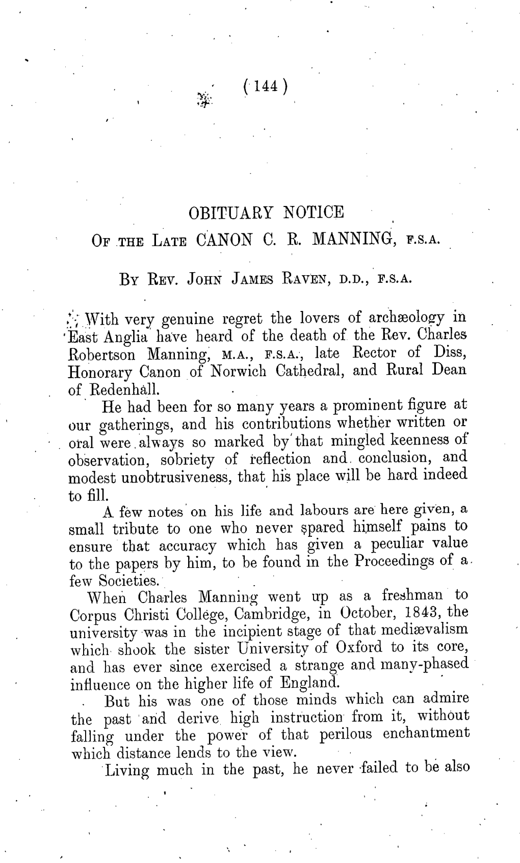 ( 144 ) Obituary Notice of Thelate Canon C. R. Manning