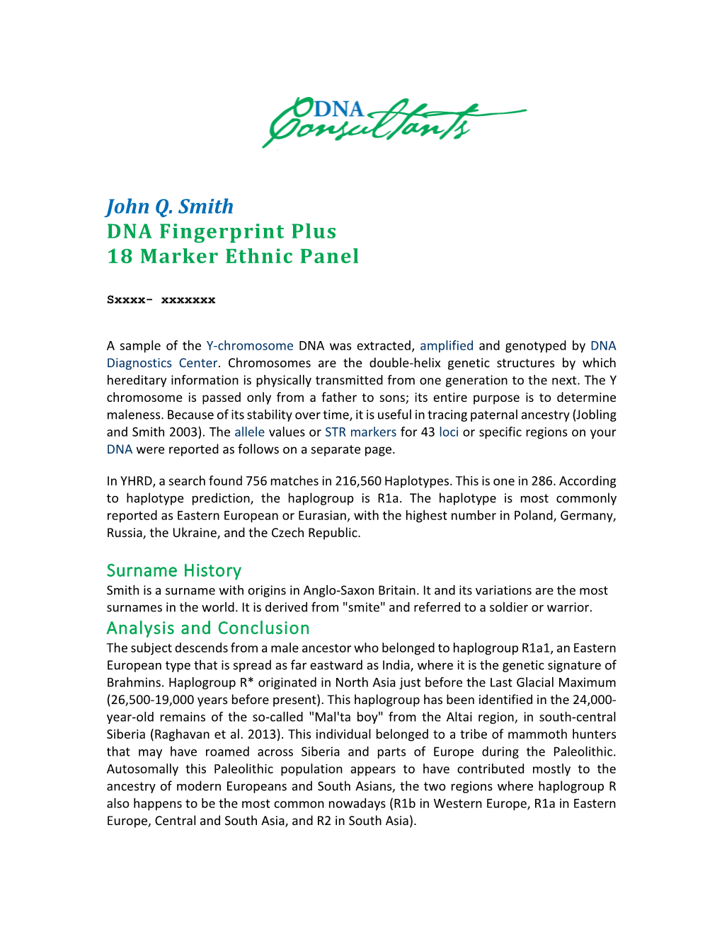 John Q. Smith DNA Fingerprint Plus 18 Marker Ethnic Panel