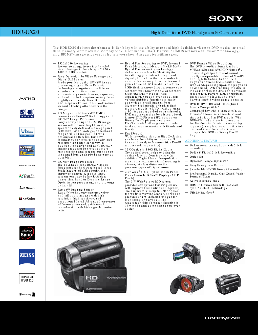 HDR-UX20 High Definition DVD Handycam® Camcorder