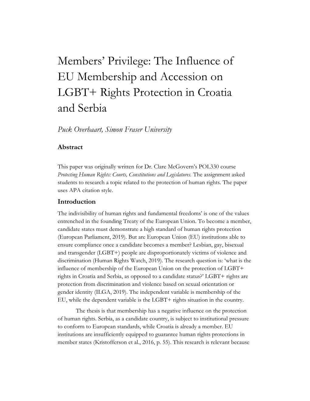 The Influence of EU Membership and Accession on LGBT+ Rights Protection in Croatia and Serbia