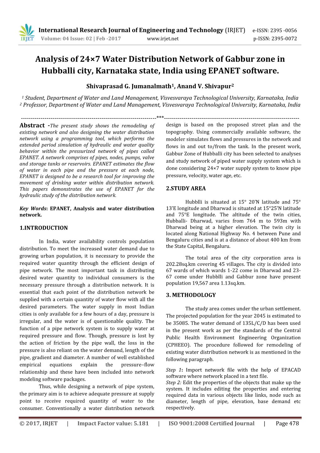 Analysis of 24×7 Water Distribution Network of Gabbur Zone in Hubballi City, Karnataka State, India Using EPANET Software