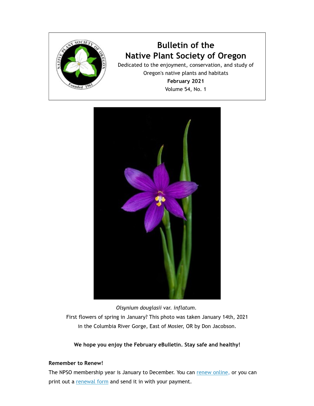 Bulletin of the Native Plant Society of Oregon Dedicated to the Enjoyment, Conservation, and Study of Oregon's Native Plants and Habitats February 2021 Volume 54, No