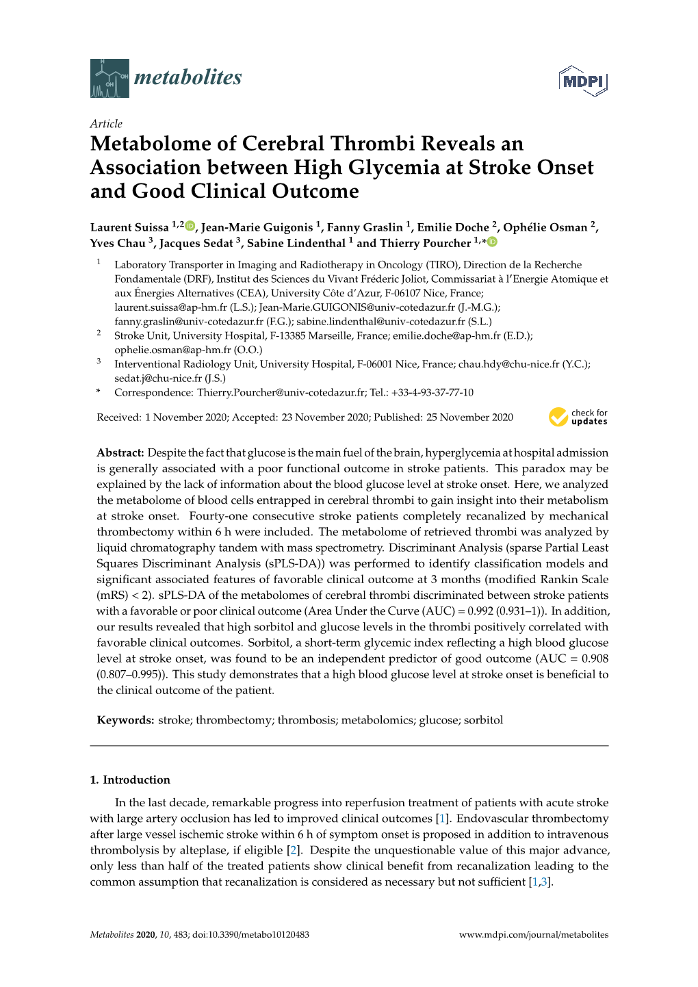 Metabolome of Cerebral Thrombi Reveals an Association Between High Glycemia at Stroke Onset and Good Clinical Outcome