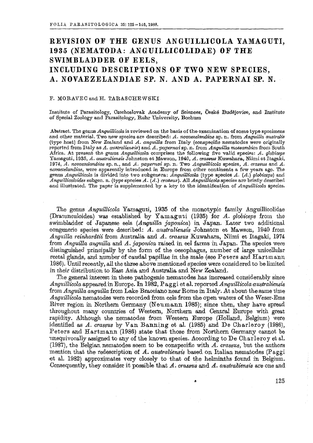 Revision of the Genus Anguillicola Yamaguti, 1935 (Nematoda: Anguillicolidae) of the Swimbladder of Eels) Including Descriptions of Two New Species, A