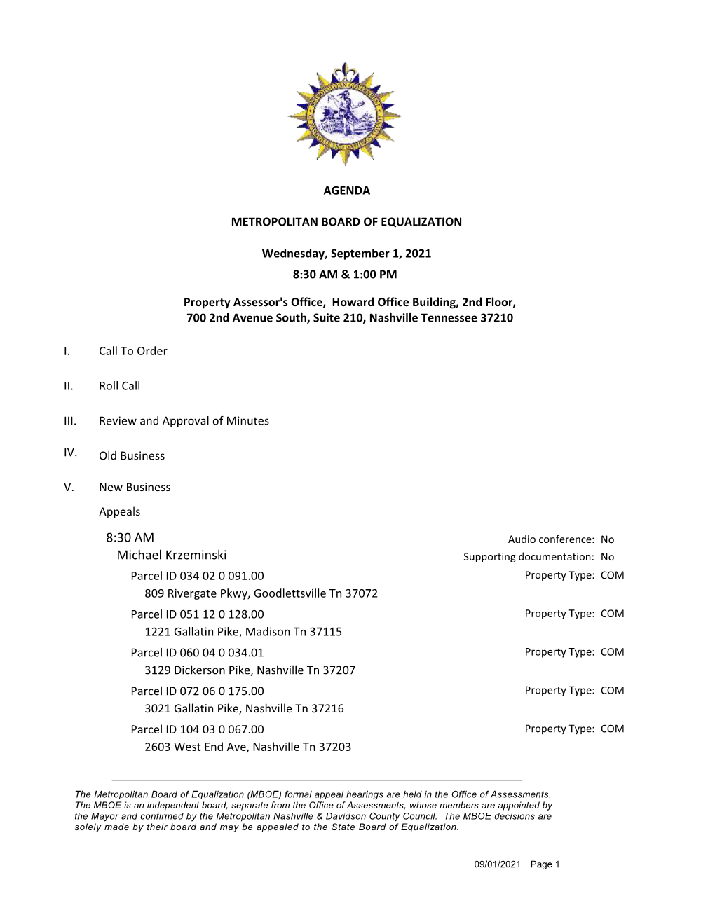 Metro Nashville Board of Equalization Meeting Agenda, September 1, 2021