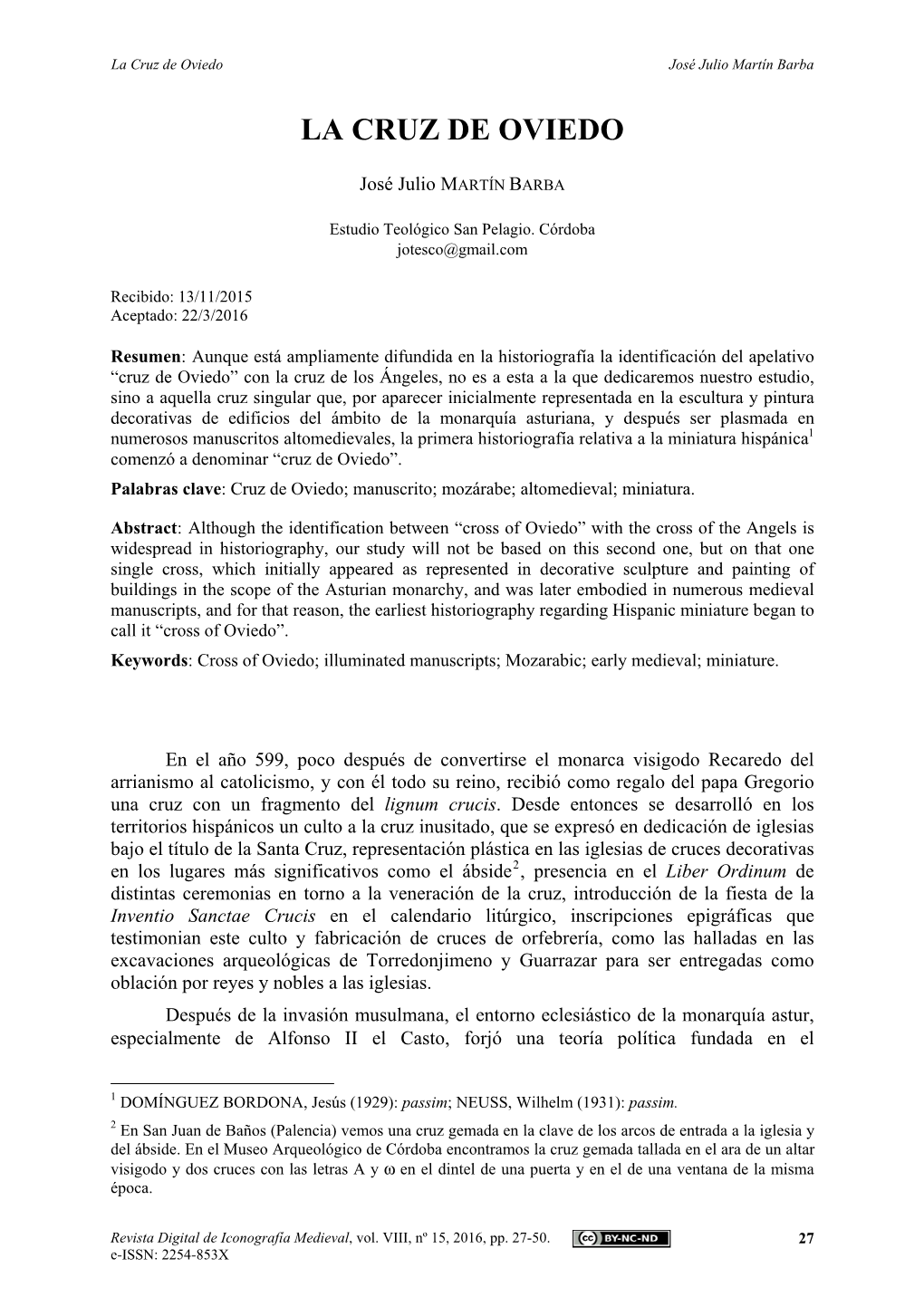 "La Cruz De Oviedo", Revista Digital De Iconografía Medieval, Vol. VIII, Nº