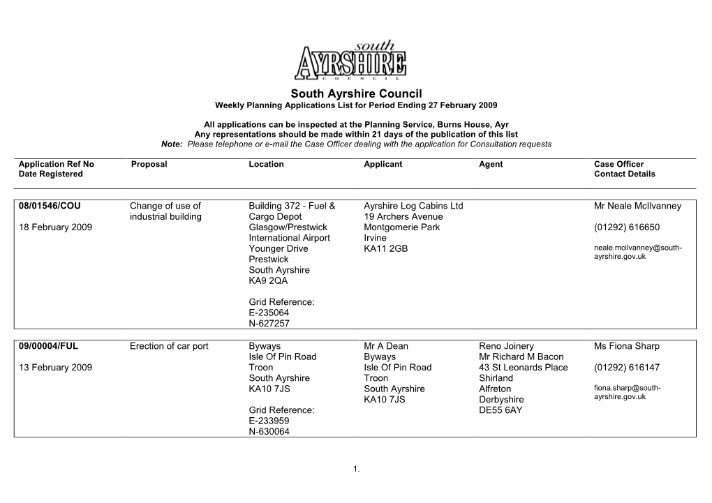 South Ayrshire Council Weekly Planning Applications List for Period Ending 27 February 2009