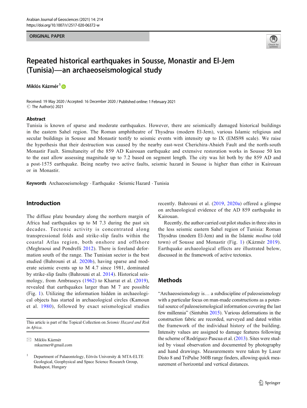 Repeated Historical Earthquakes in Sousse, Monastir and El-Jem (Tunisia)—An Archaeoseismological Study