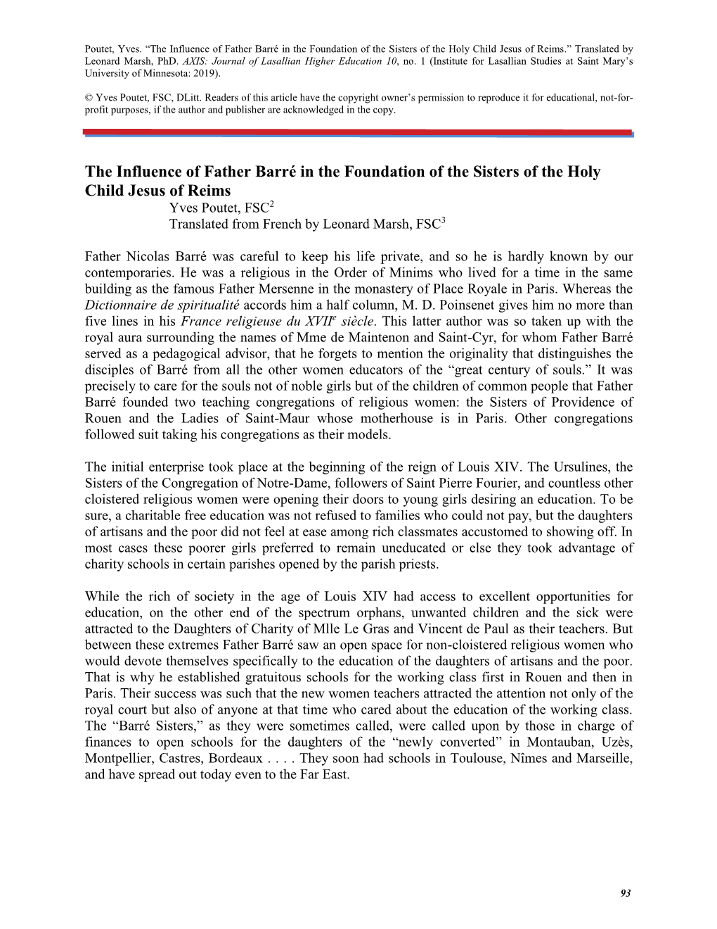 The Influence of Father Barré in the Foundation of the Sisters of the Holy Child Jesus of Reims.” Translated by Leonard Marsh, Phd