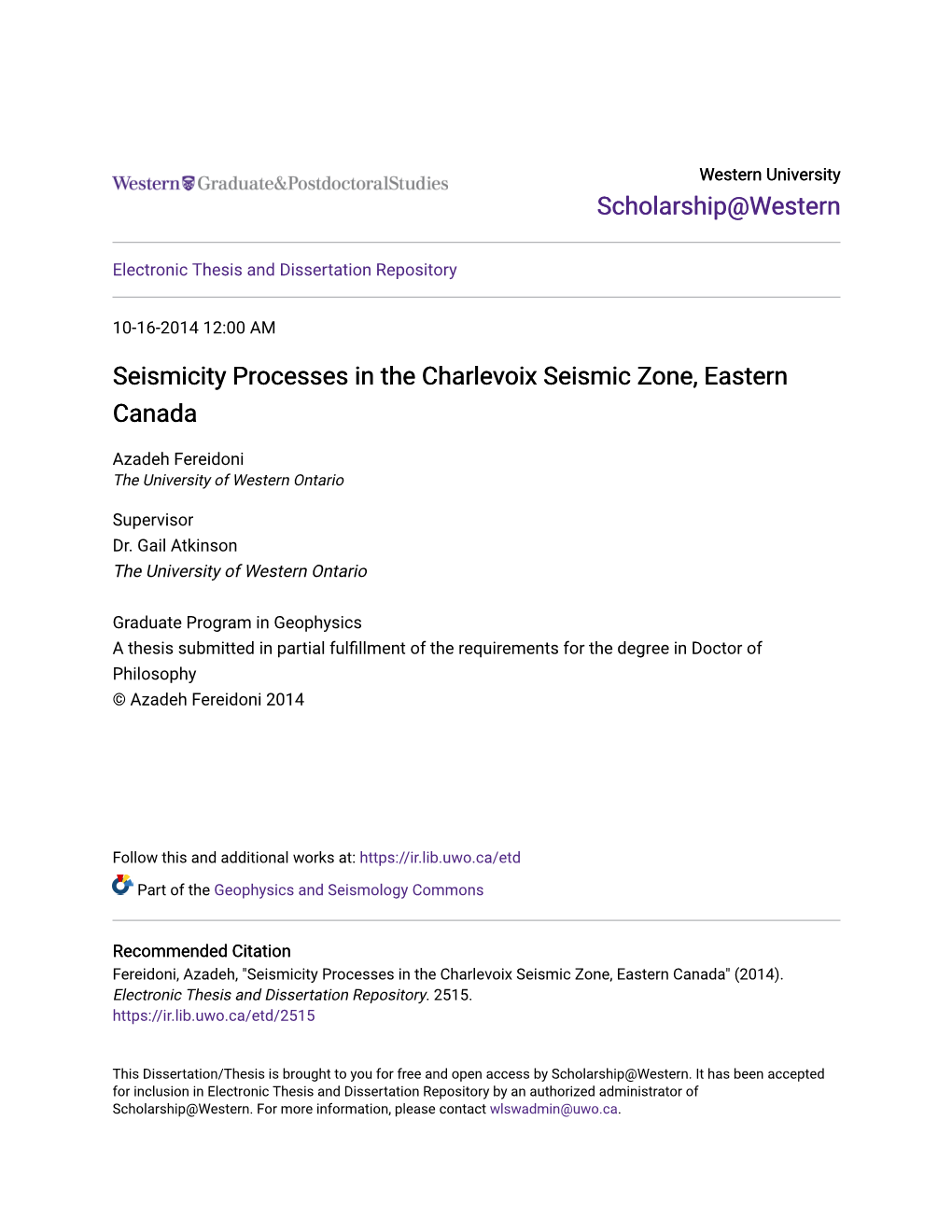 Seismicity Processes in the Charlevoix Seismic Zone, Eastern Canada