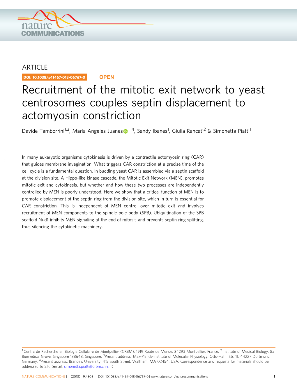 Recruitment of the Mitotic Exit Network to Yeast Centrosomes Couples Septin Displacement to Actomyosin Constriction