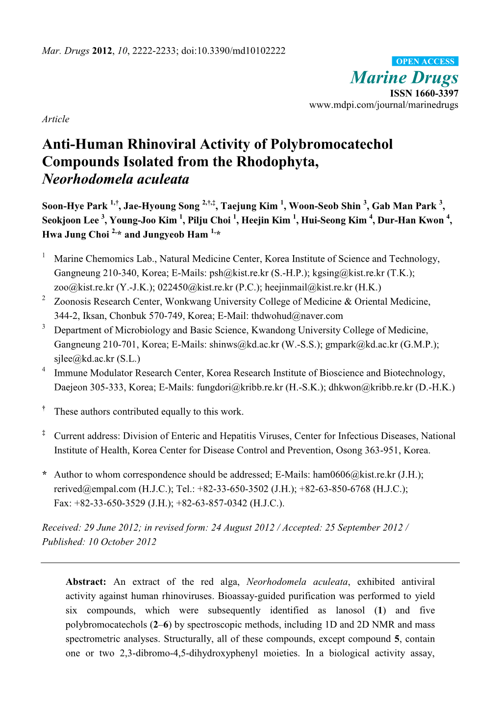 Anti-Human Rhinoviral Activity of Polybromocatechol Compounds Isolated from the Rhodophyta, Neorhodomela Aculeata