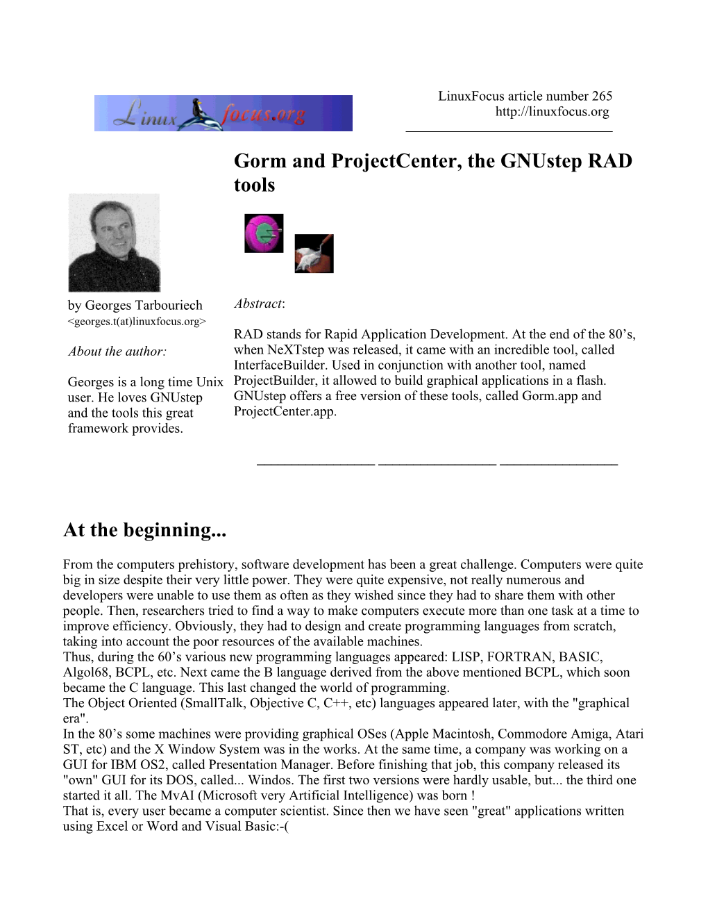 Gorm and Projectcenter, the Gnustep RAD Tools at the Beginning