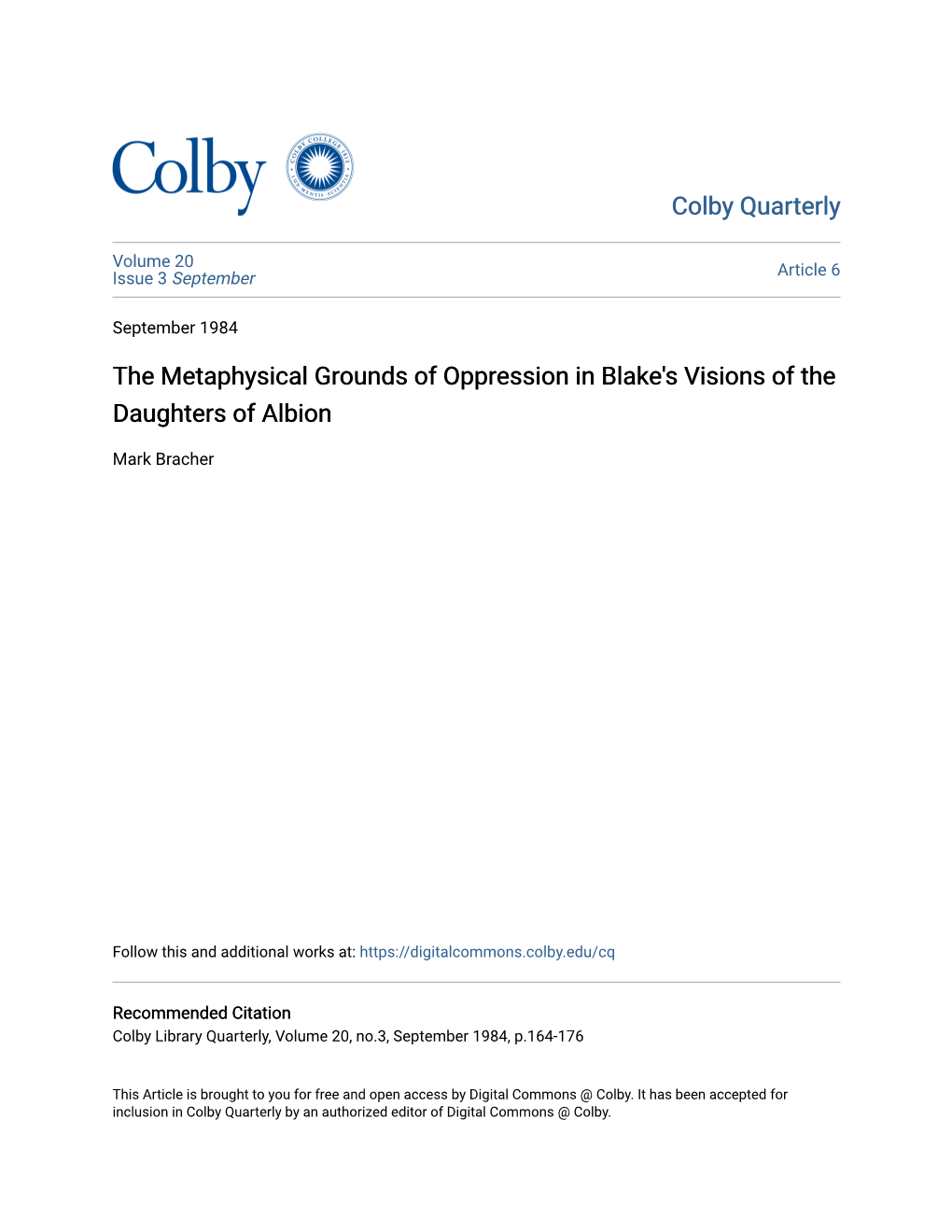 The Metaphysical Grounds of Oppression in Blake's Visions of the Daughters of Albion