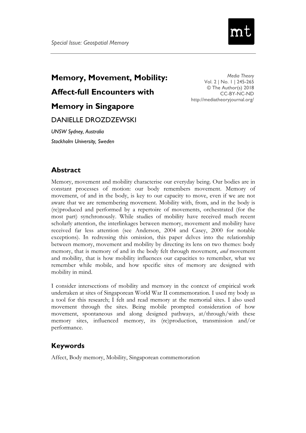 Memory, Movement, Mobility: Vol