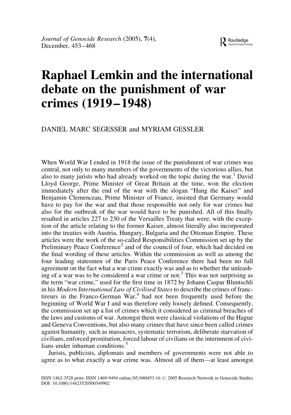 Raphael Lemkin and the International Debate on the Punishment of War Crimes (1919–1948)