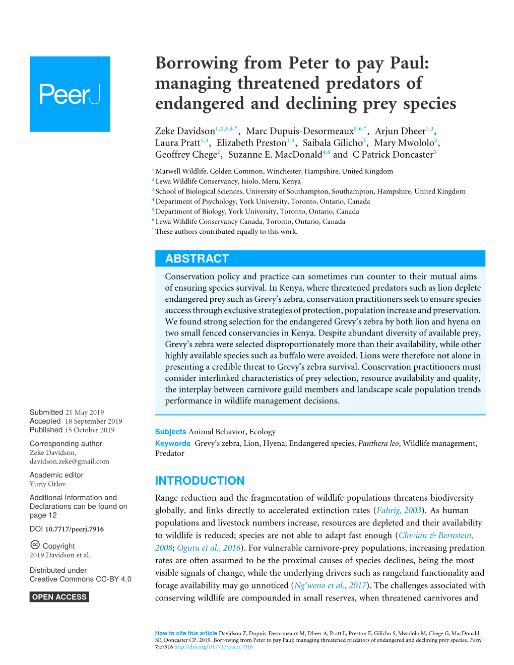 Managing Threatened Predators of Endangered and Declining Prey Species