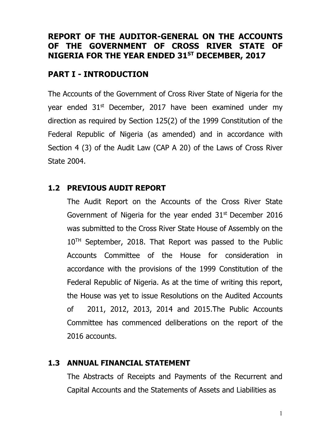 Report of the Auditor-General on the Accounts of the Government of Cross River State of Nigeria for the Year Ended 31St December, 2017