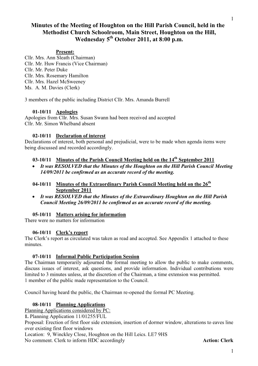 Minutes of the Meeting of Houghton-On-The-Hill Parish Council