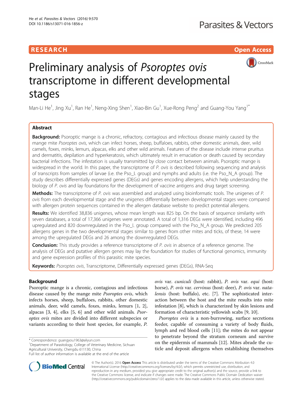 Preliminary Analysis of Psoroptes Ovis Transcriptome in Different