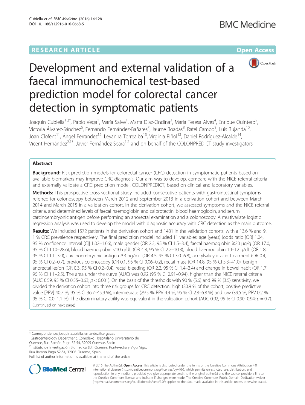 Development and External Validation of a Faecal Immunochemical Test