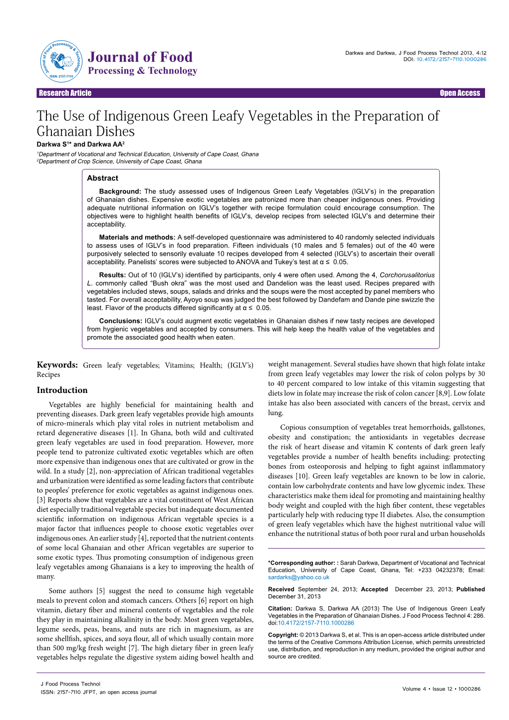 The Use of Indigenous Green Leafy Vegetables in the Preparation Of