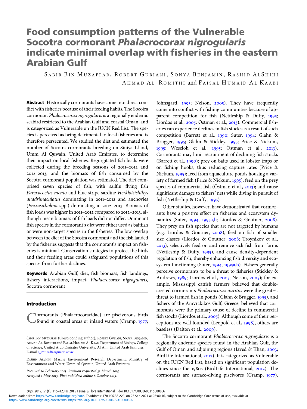 Food Consumption Patterns of the Vulnerable Socotra Cormorant Phalacrocorax Nigrogularis Indicate Minimal Overlap with Fisheries in the Eastern Arabian Gulf