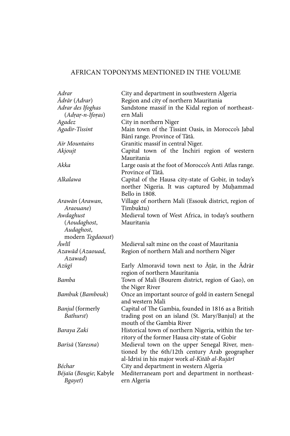 African Toponyms Mentioned in the Volume