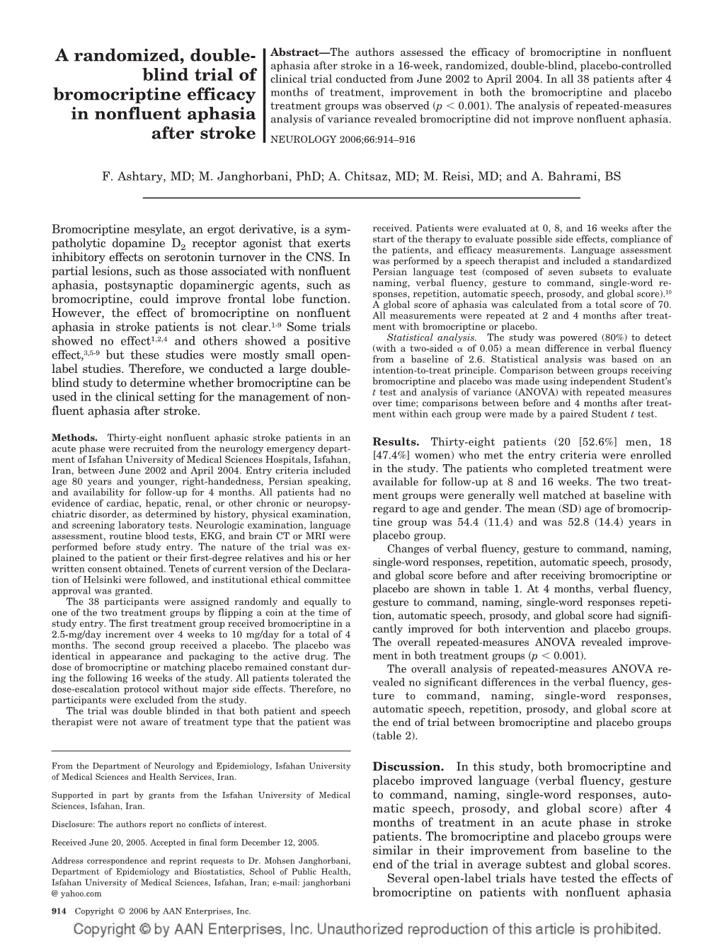 Blind Trial of Bromocriptine Efficacy in Nonfluent Aphasia After Stroke