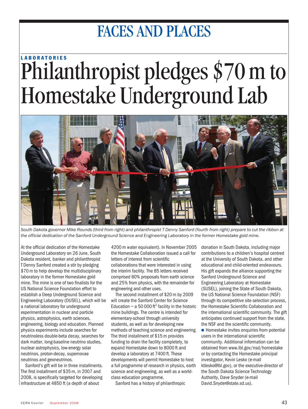 Philanthropist Pledges $70 M to Homestake Underground Lab