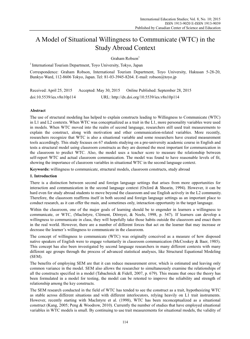 A Model of Situational Willingness to Communicate (WTC) in the Study Abroad Context