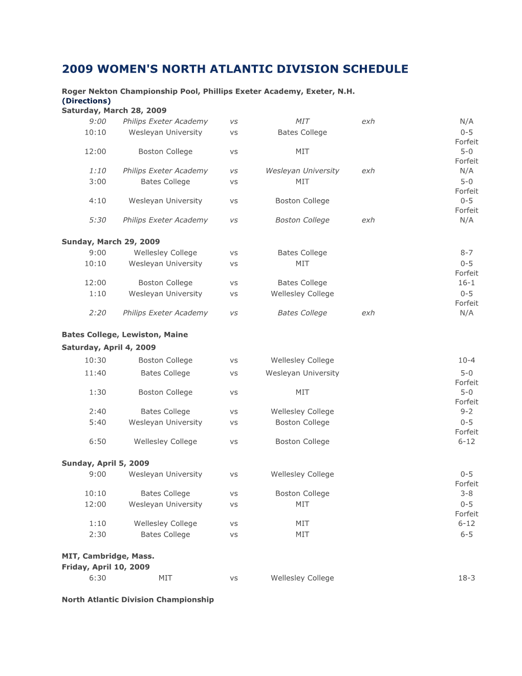 2009 Women's North Atlantic Division Schedule