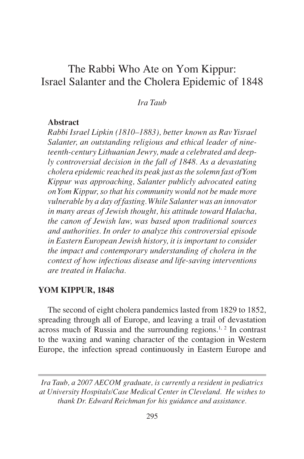 The Rabbi Who Ate on Yom Kippur: Israel Salanter and the Cholera Epidemic of 1848