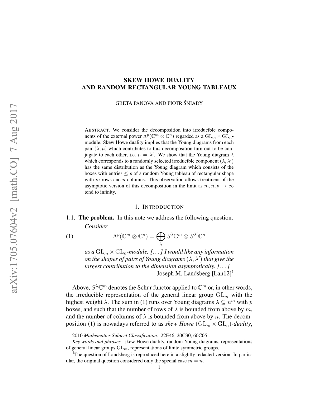 Arxiv:1705.07604V2 [Math.CO] 7 Aug 2017 the Irreducible Representation of the General Linear Group Glm with the Highest Weight Λ