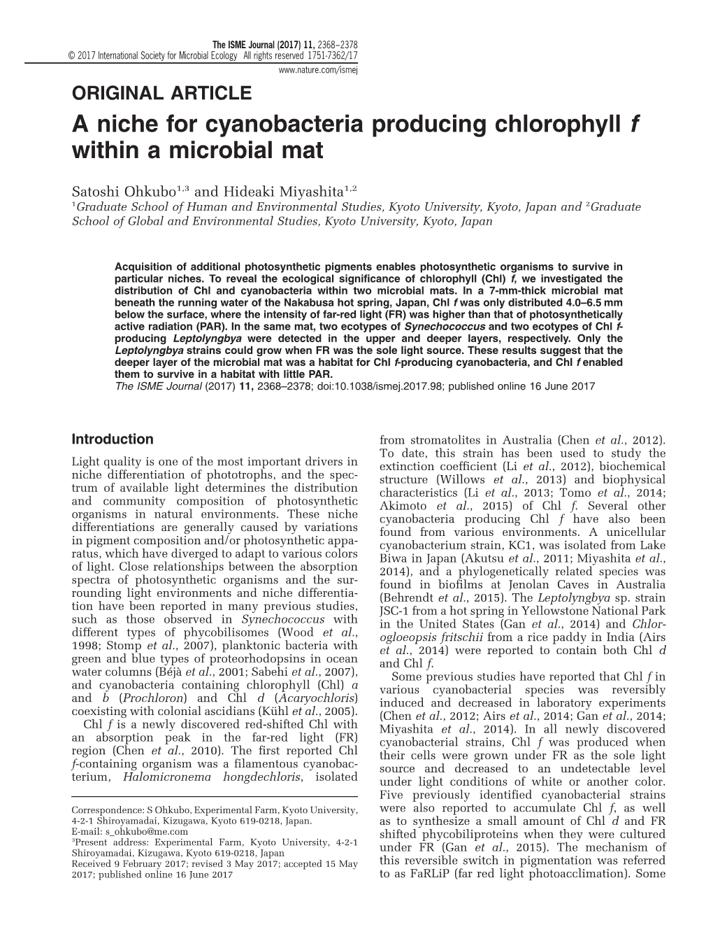 A Niche for Cyanobacteria Producing Chlorophyll F Within a Microbial Mat