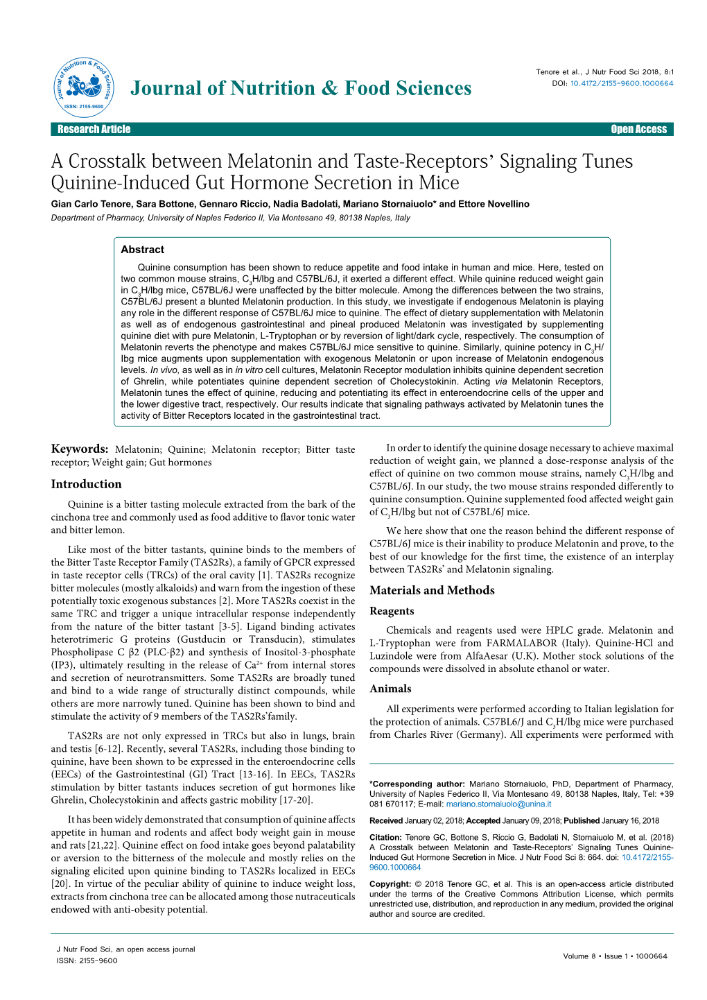 A Crosstalk Between Melatonin and Taste-Receptors' Signaling Tunes Quinine-Induced Gut Hormone Secretion in Mice