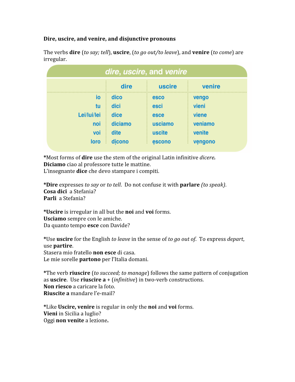 Dire, Uscire, and Venire, and Disjunctive Pronouns the Verbs Dire (To