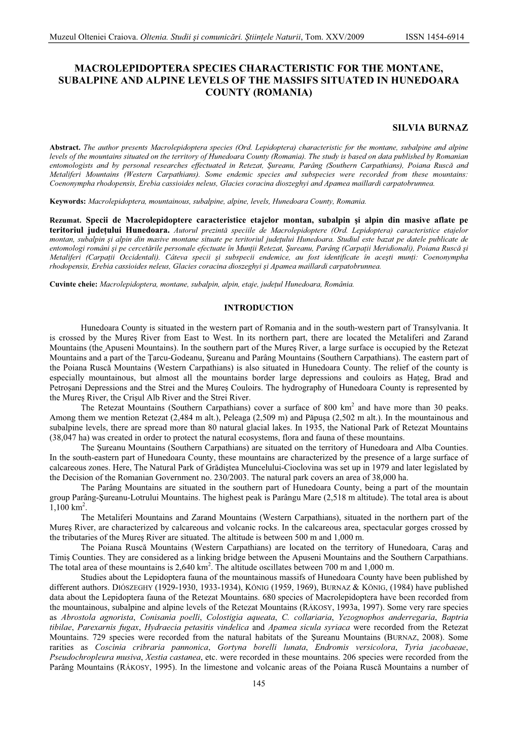 Macrolepidoptera Species Characteristic for the Montane, Subalpine and Alpine Levels of the Massifs Situated in Hunedoara County (Romania)