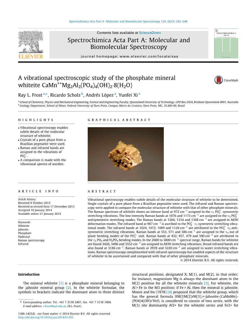 A Vibrational Spectroscopic Study of the Phosphate Mineral Whiteite