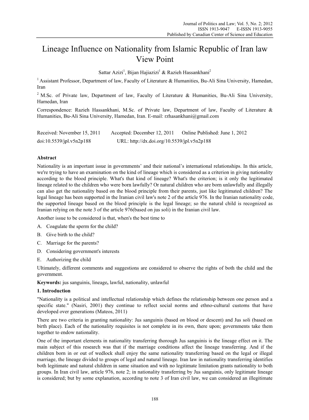 Lineage Influence on Nationality from Islamic Republic of Iran Law View Point