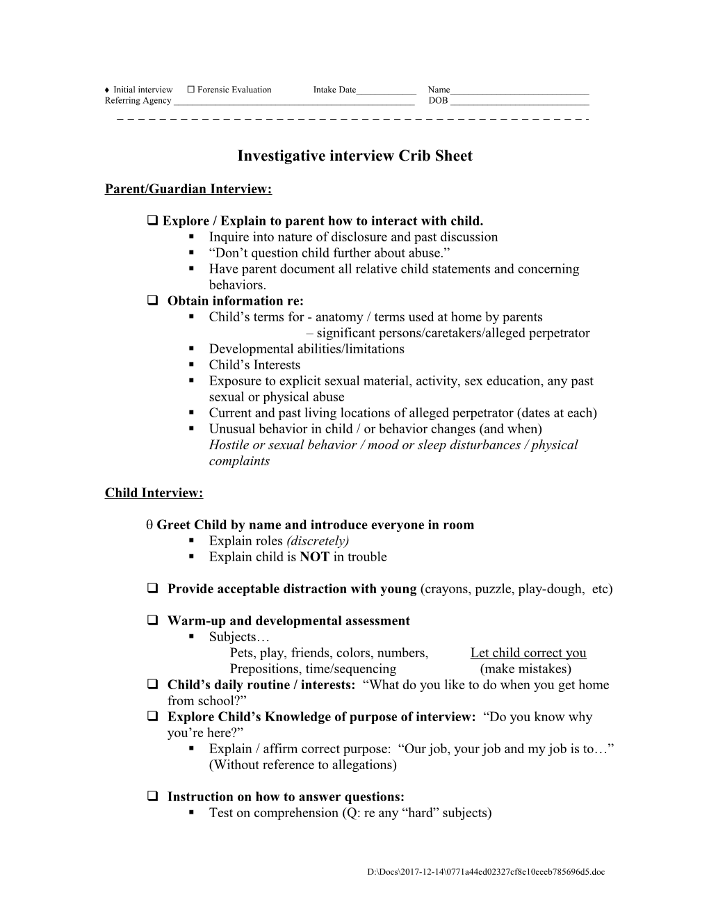 Initial Interview Forensic Evaluation