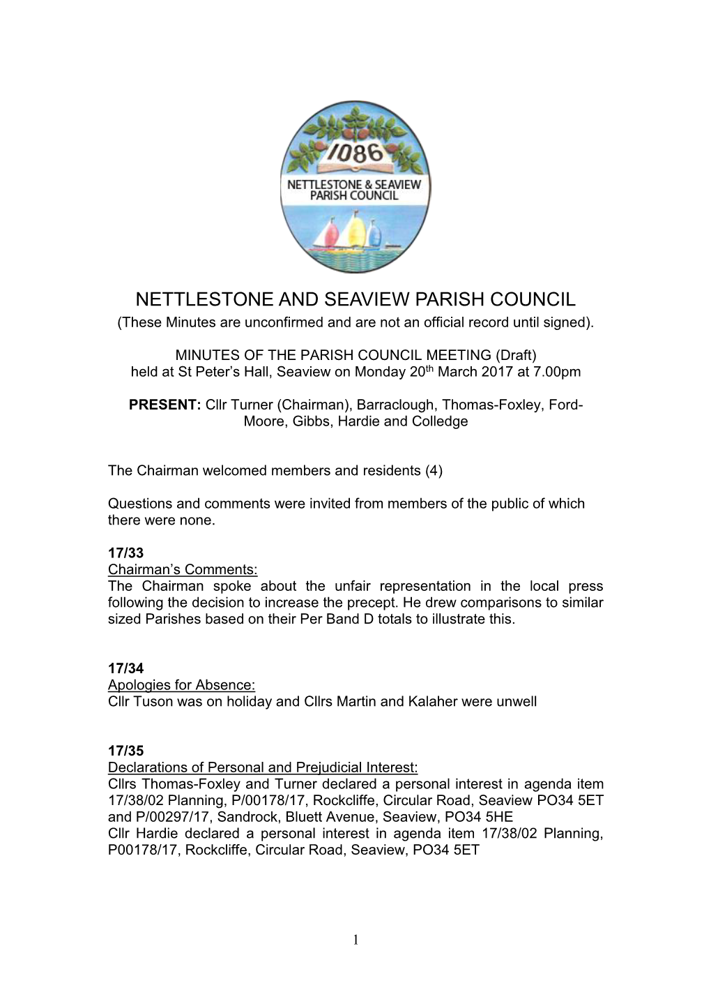 NETTLESTONE and SEAVIEW PARISH COUNCIL (These Minutes Are Unconfirmed and Are Not an Official Record Until Signed)