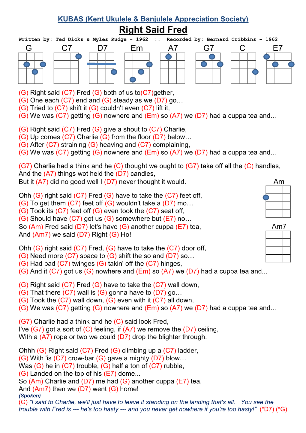 Right Said Fred Written By: Ted Dicks & Myles Rudge - 1962 :: Recorded By: Bernard Cribbins – 1962 G C7 D7 Em A7 G7 C E7