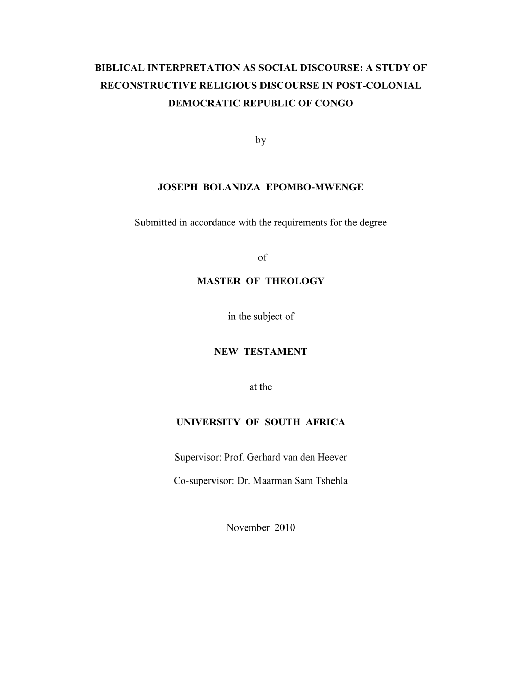 A Study of Reconstructive Religious Discourse in Post-Colonial Democratic Republic of Congo