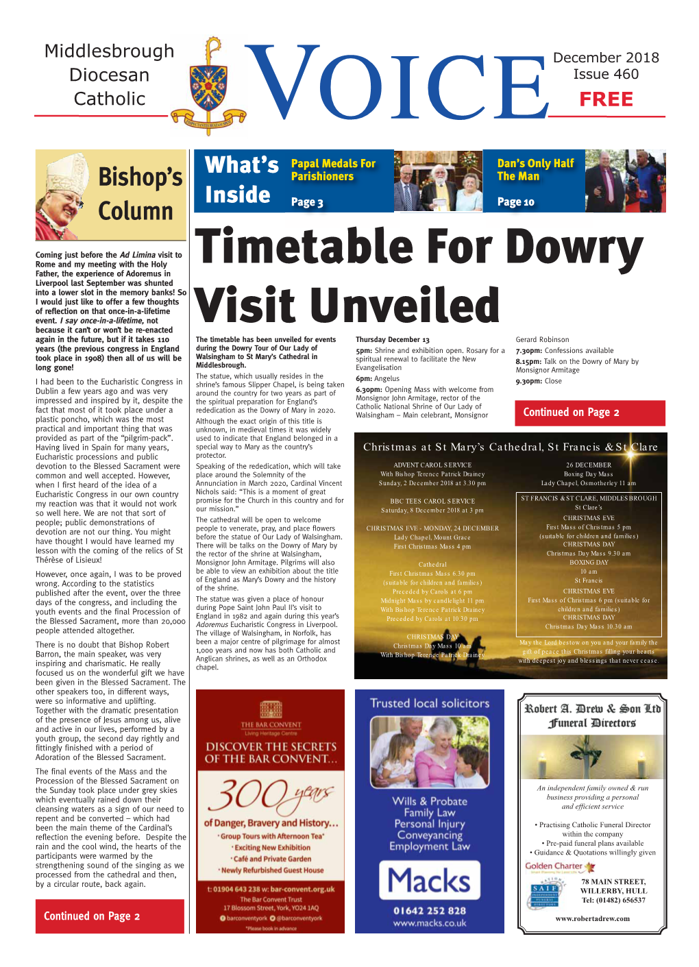 December 2018 Diocesan Issue 460 Catholic VOICE FREE What’S Papal Medals for Dan’S Only Half Bishop’S Parishioners the Man Inside Column Page 3 Page 10