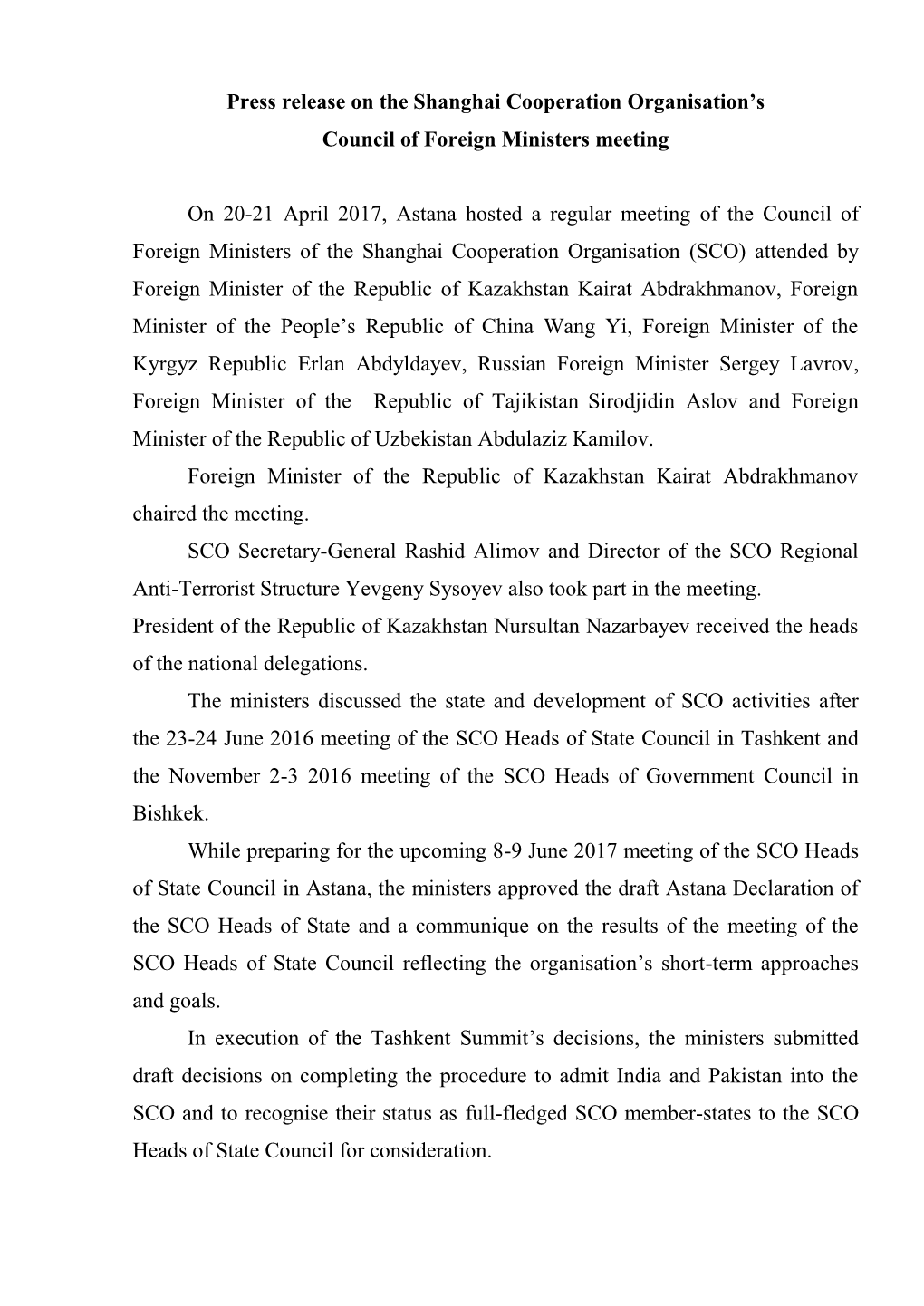 Press Release on the Shanghai Cooperation Organisation's Council