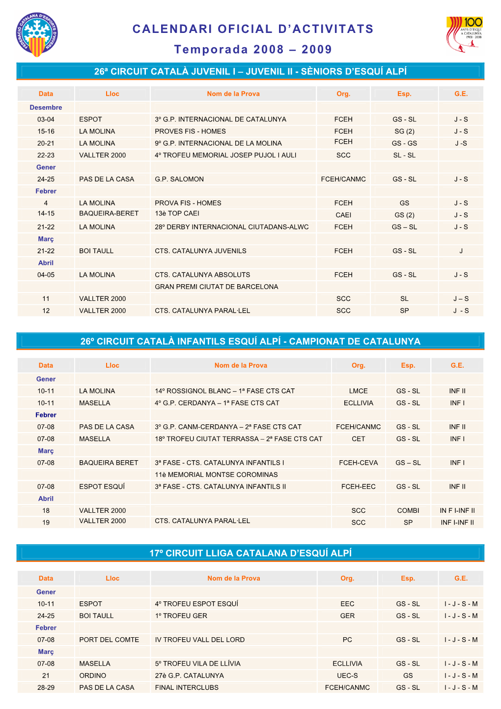 CALENDARI OFICIAL D'activitats Temporada 2008 – 2009